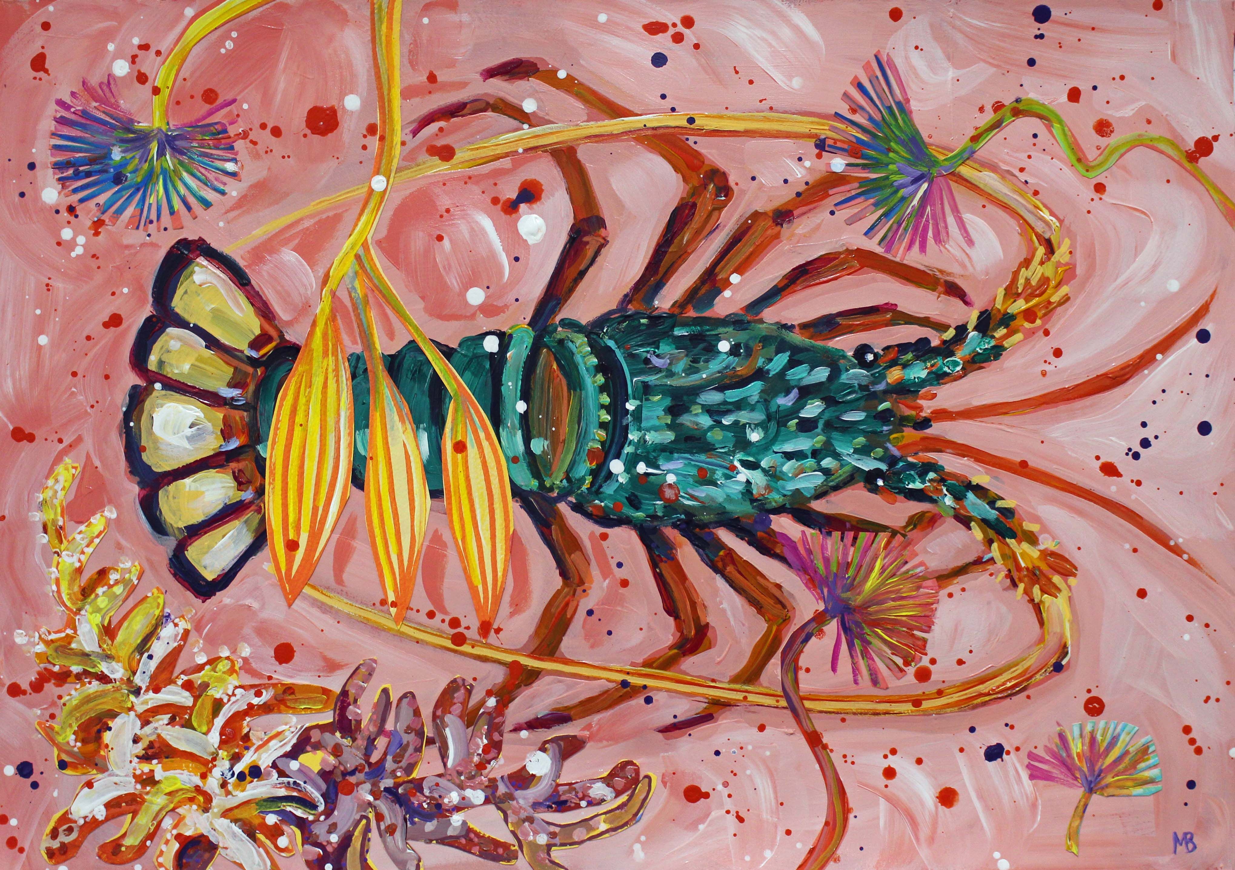 Lobster with yellow seaweed and coral A2 image Megan_Barrass 1mbe