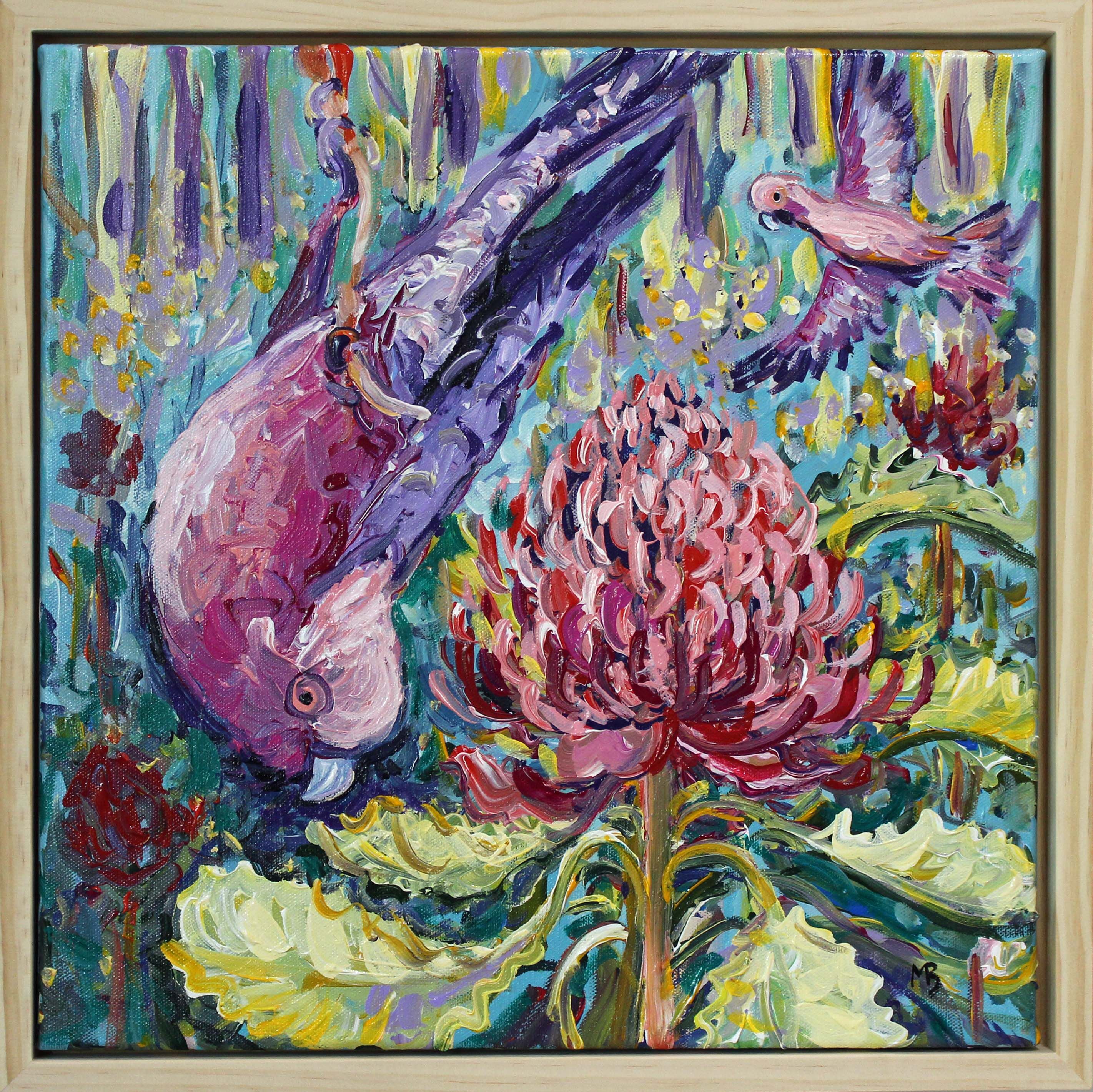 Two galahs with the waratah 40x40cm Megan_Barrass 1mbe