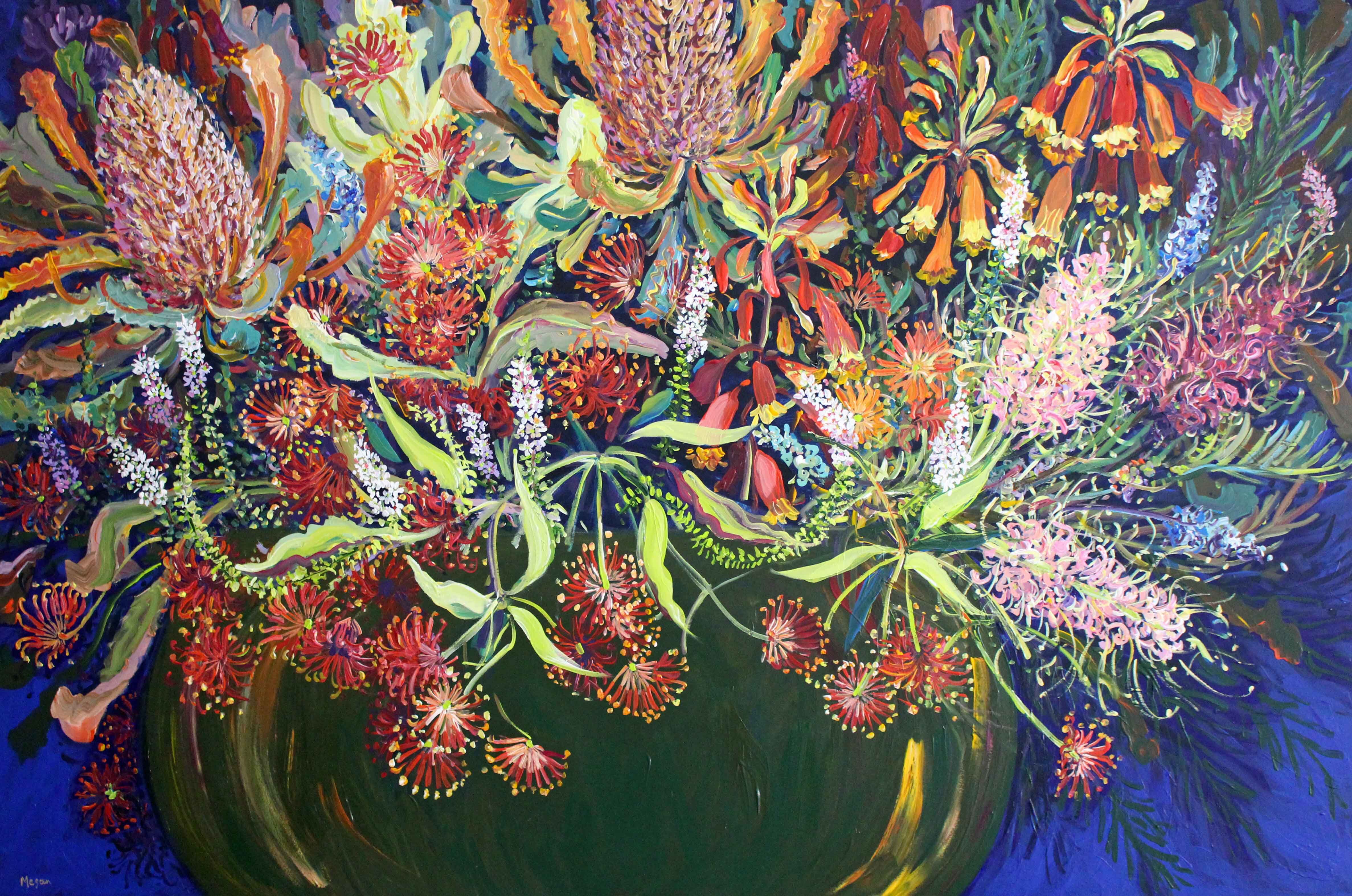 Baksias, Christmas bells, Grevillas, Fire-wheels and little white flower 101x152cm Megan_Barrass a1mbe