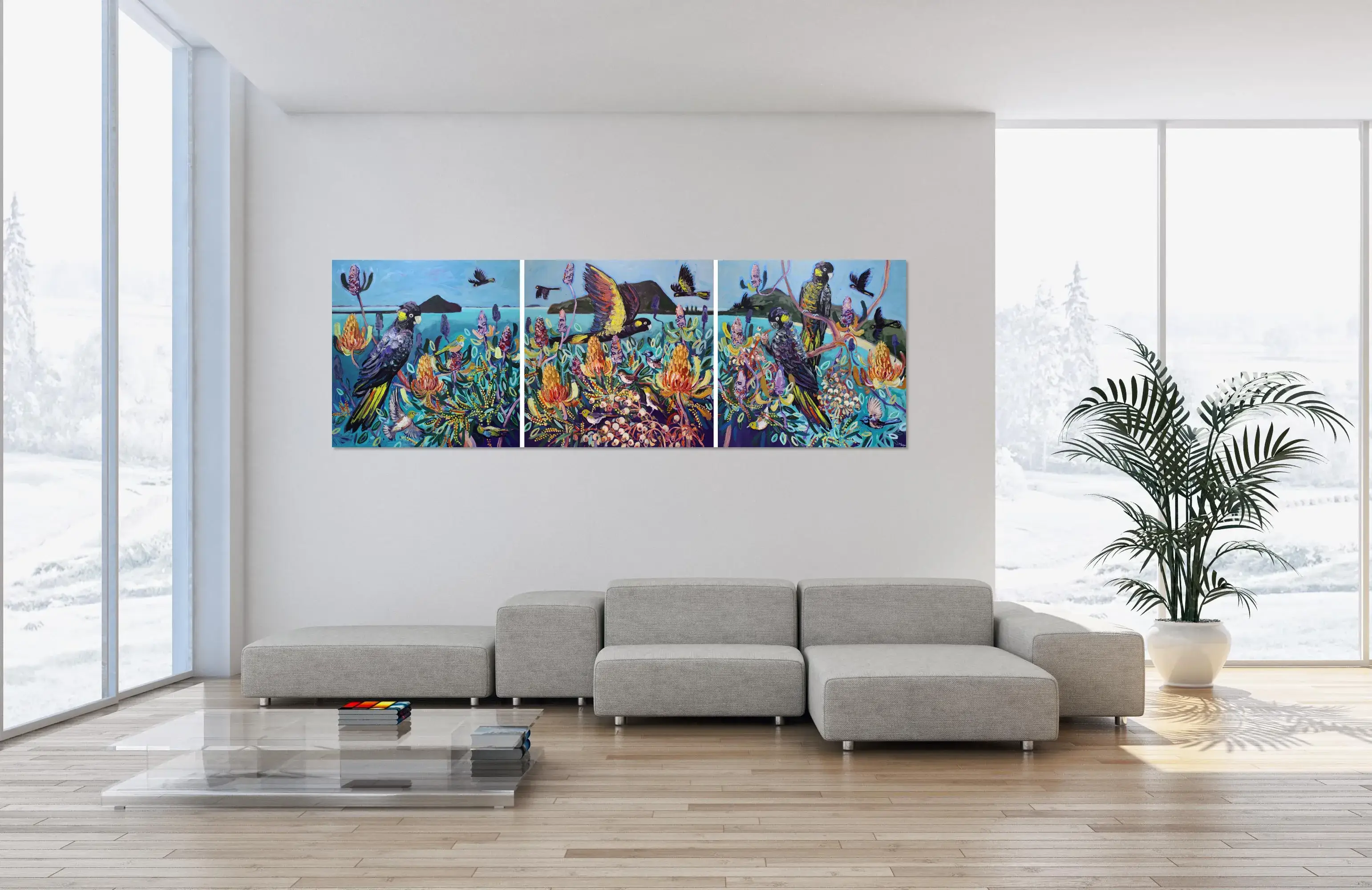 Birds in the banksia 3 panels on Lounge room.webp