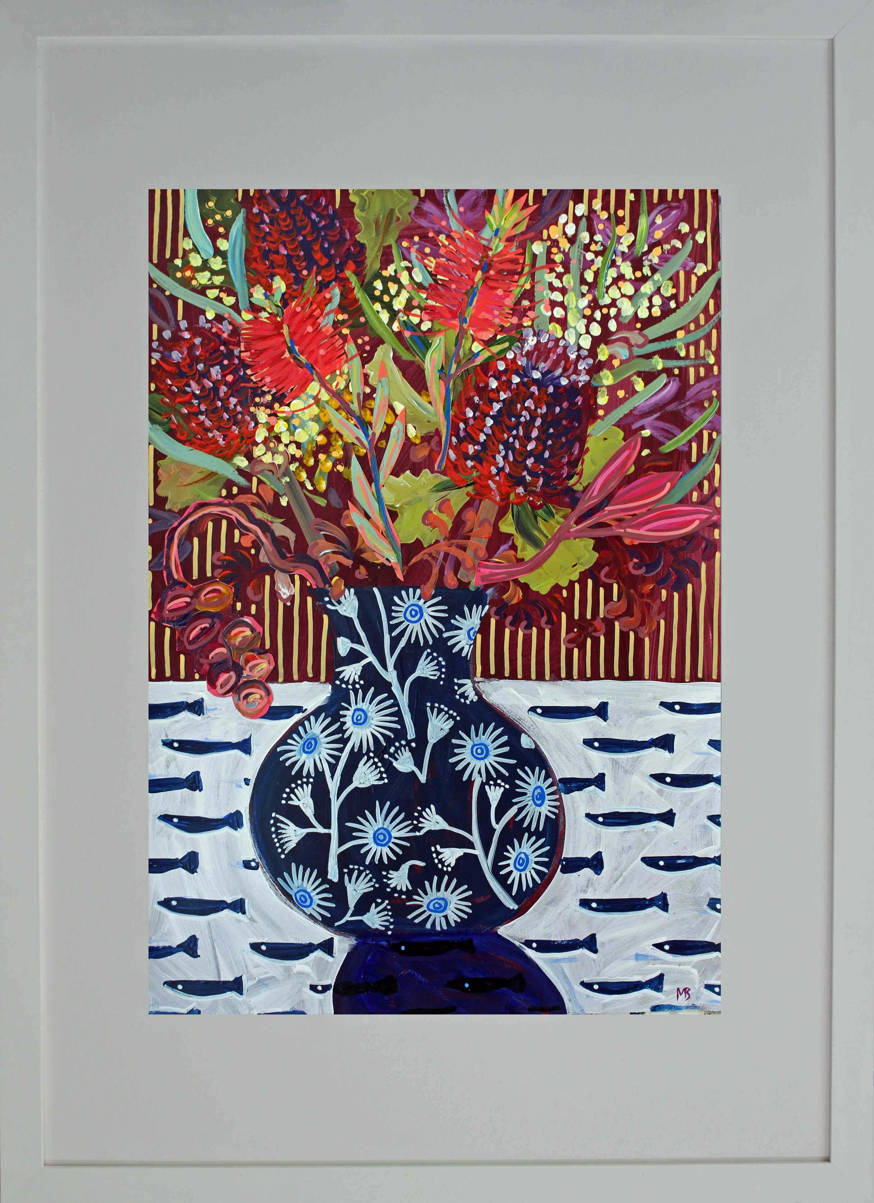 Blossom Vase on fish tablecloth A1 FRAME A2 image Megan_Barrass 1mbe