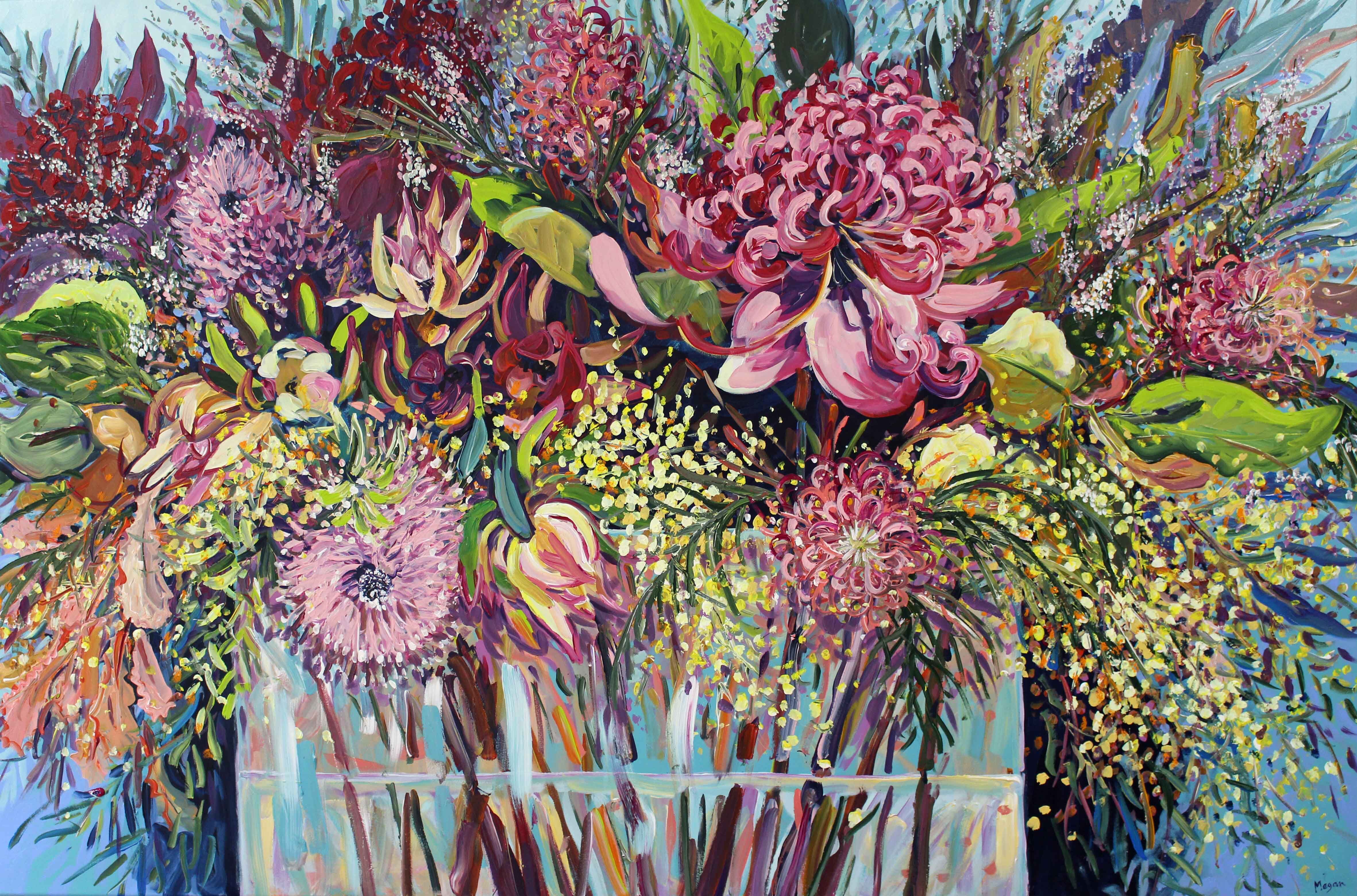 Pink Waratah and other wildflowers 101x152cm Megan_Barrass 1mbe