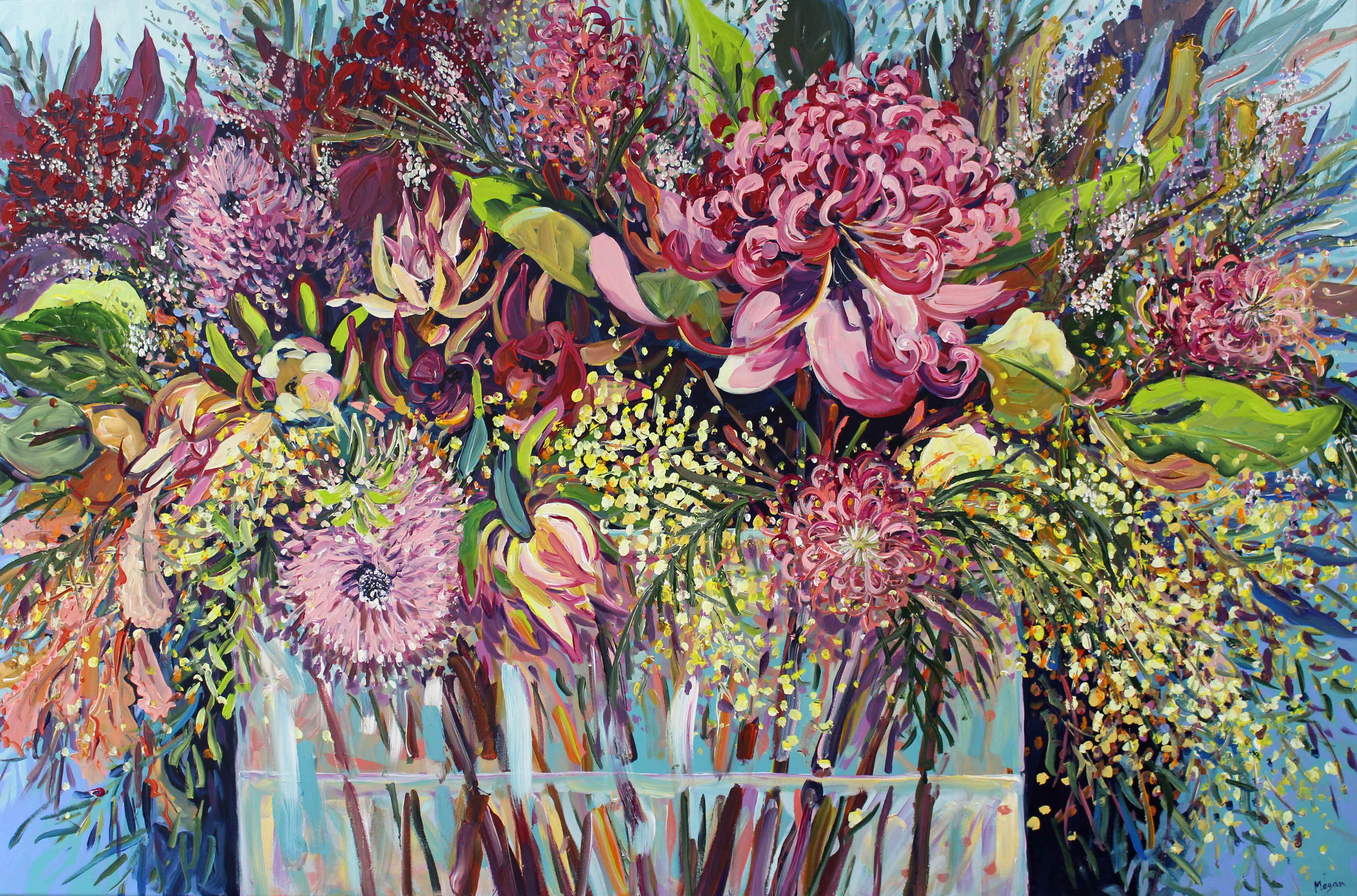 Pink Waratah and other wildflowers 101x152cm Megan_Barrass 1mbe