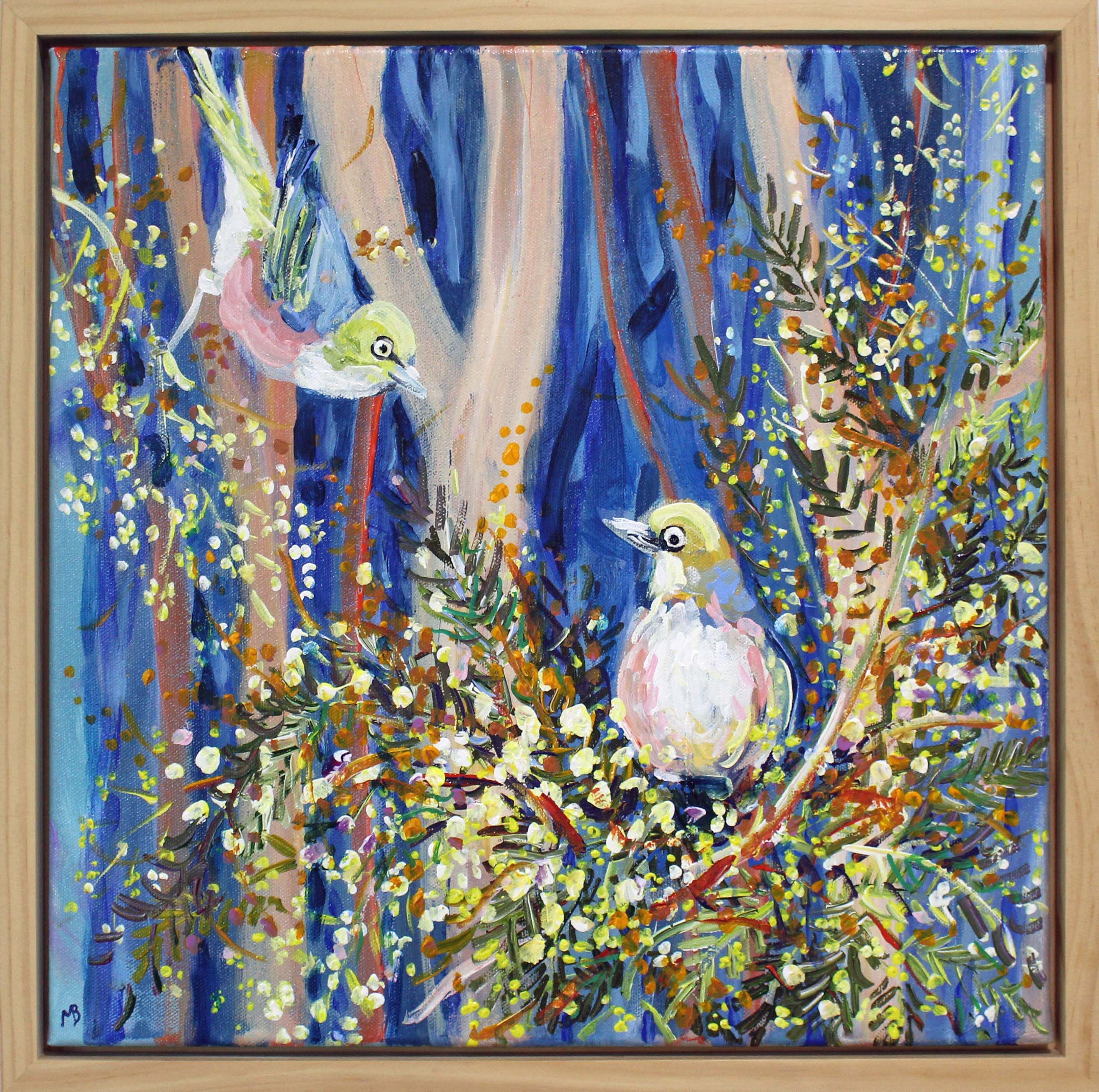 Two little silver-eye birds in the wattle 40x40cm timber framed Megan_Barrass 1mbe