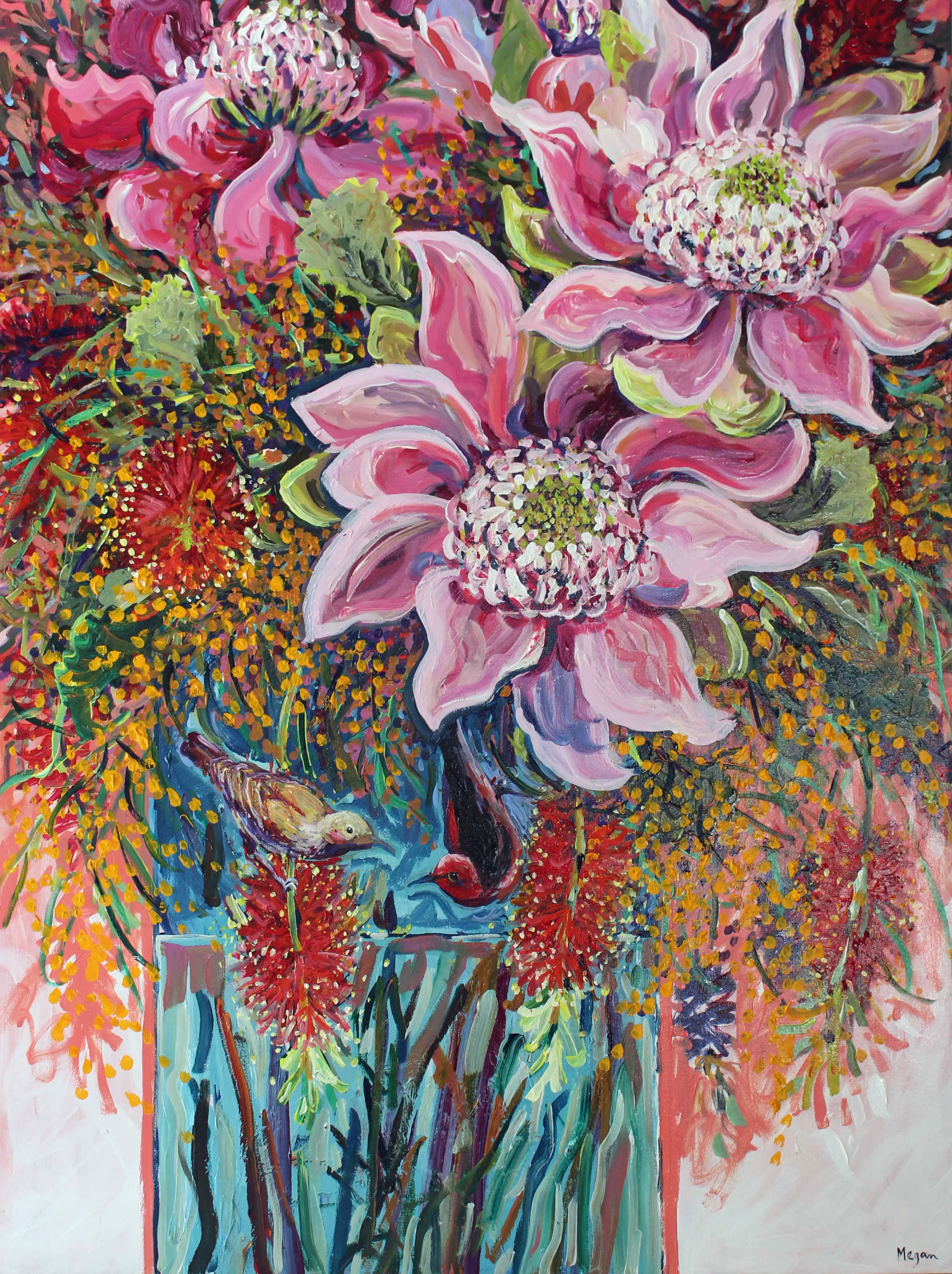 Little visitors in the wattle, pink waratah and bottlebrush e